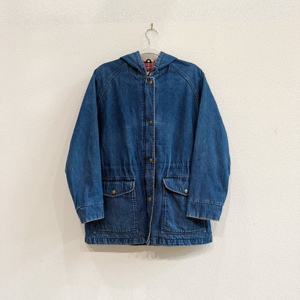 1990s Vintage LL Bean Denim Chore Coat Womens Plaid Lined Barn Jacket - Picture 2 of 6
